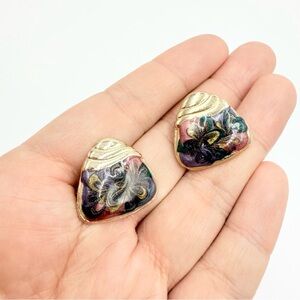 Vintage Gold Tone Floral Enamel
Clip On Triangle Earrings Made in USA